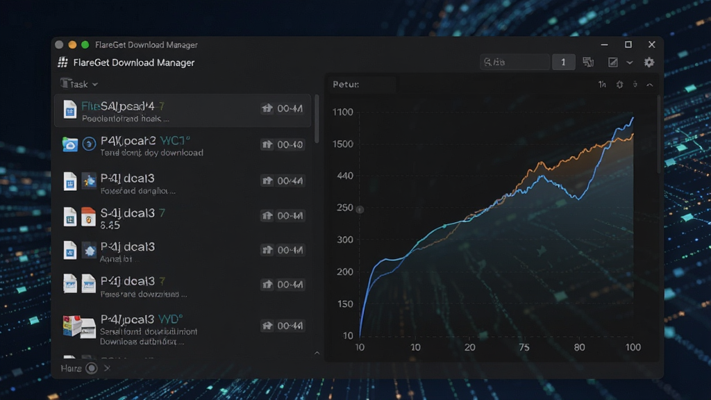 主视觉:展示FlareGet Download Manager主界面,深色主题,左侧任务列表显示多个正在高速下载的文件,右侧实时速度曲线图,背景为抽象网络数据流,整体风格现代简洁,高分辨率,画质干净,无多余元素