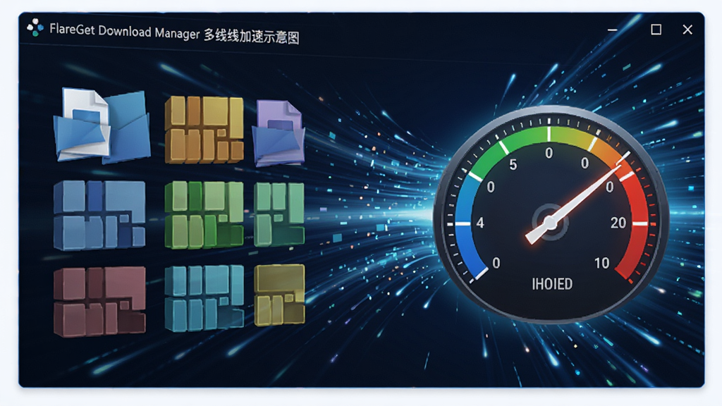 功能展示:FlareGet Download Manager多线程加速示意图,界面显示文件被分成多个彩色数据块同时下载,速度仪表盘指针指向高速区域,背景为高速网络光速流动效果,风格科技感强,高清画质,干净整洁