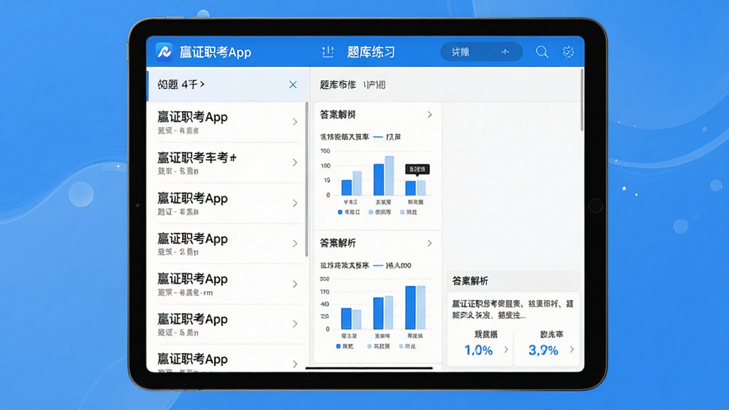 嬴证职考App的题库练习界面截图预览,画面主体为一台平板电脑横屏展示,屏幕上是分栏布局,左侧为题目列表,右侧为答题区域与详细的答案解析。整体排版规整,界面以白色和品牌蓝色为主色调,文字清晰,图表数据可视化展示正确率。风格为扁平化设计,画质干净明亮,突出专业题库的丰富与严谨,无多余装饰元素。