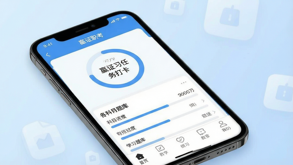 一张展示嬴证职考App核心界面的高清宣传图,主体为智能手机屏幕特写,屏幕内清晰显示嬴证职考的学习主界面,包含今日学习任务打卡圆环、各科目题库进度条以及底部导航栏。布局采用中心构图,手机略微倾斜,背景为柔和的浅蓝色渐变,营造出专业、专注的学习氛围。排版风格现代简洁,UI设计干净清爽,画质细腻,呈现出专业教育类应用的高级感,无多余元素。