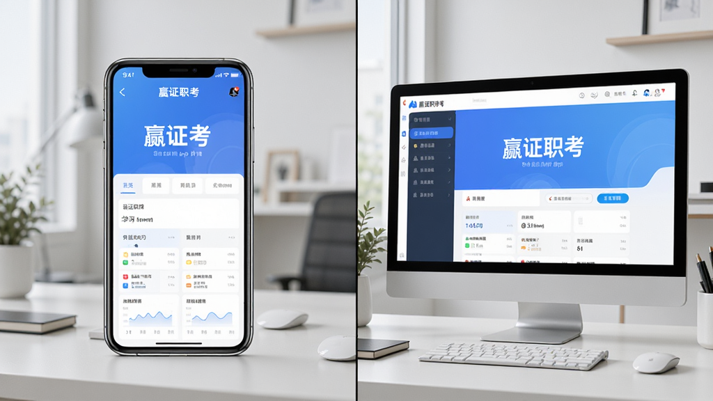 一张展示嬴证职考App在手机和电脑模拟器上使用的对比场景图,主体为左右分屏布局,左侧是手机屏幕,右侧是电脑显示器,屏幕均显示嬴证职考的学习界面。排版清晰,背景为现代简约的办公桌面,风格写实,细节丰富,展现出跨设备无缝学习的便利性,画质干净,无多余元素。