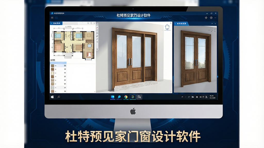 主体:一款名为“杜特预见家门窗设计软件”的现代科技感界面。布局:画面中央是一台运行着软件的高清电脑显示器,屏幕内展示着精美的门窗3D设计效果图,左侧有户型图与材料列表,右侧是实时渲染预览。排版:界面采用深蓝色科技背景,黄金分割点放置显示器,下方有软件名称“杜特预见家门窗设计软件”字样。风格:科技商务风,光影层次分明,体现专业与智能。细节:屏幕中门窗设计图光线自然,材质纹理清晰,软件图标在任务栏高亮。画质:8K超高清,画面干净,无多余元素,无其他品牌标识。