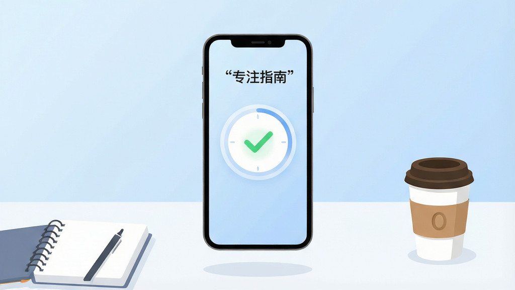 画面主体为一部手机悬浮在整洁书桌上方,屏幕中显示“专注指南”应用界面,界面中有圆形计时器与绿色对勾图标,背景为柔和的浅蓝色渐变,布局采用居中构图,排版简洁留白,风格扁平化插画,细节包含桌面上的笔记本与咖啡杯,画质高清干净,无多余元素,图片中文字“专注指南”清晰可读