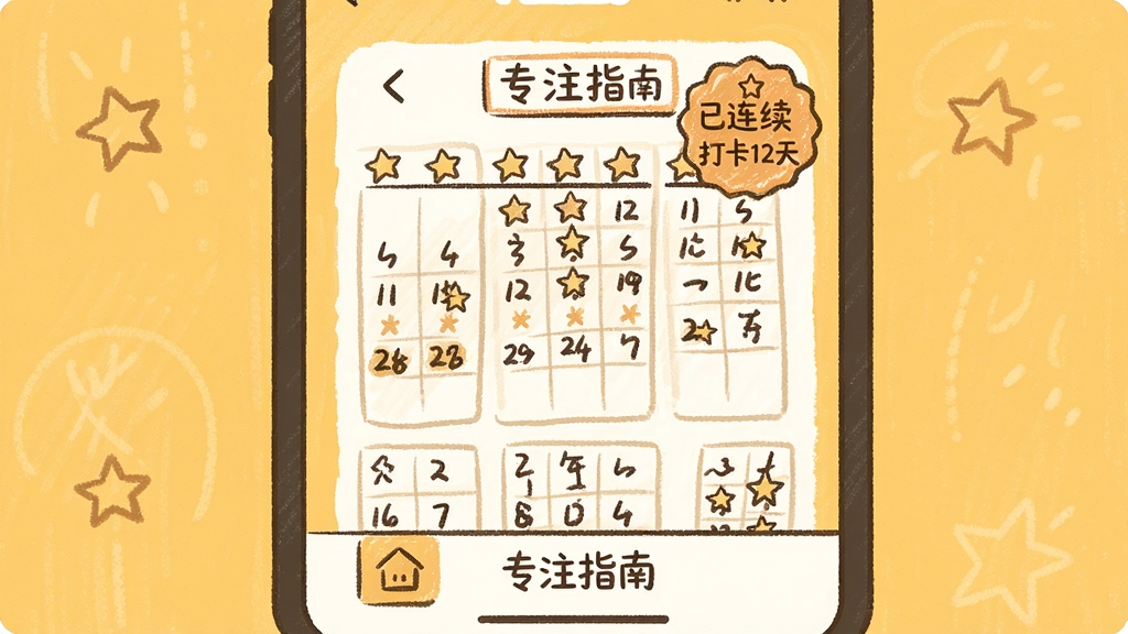 主体为手机屏幕展示专注指南的习惯打卡页面,有日历网格与星星图标,背景为暖黄色调,布局为网格排列,风格手绘涂鸦风,细节包括“已连续打卡12天”徽章,画质温馨干净,无多余元素,图片中文字“专注指南”在页面底部标签栏