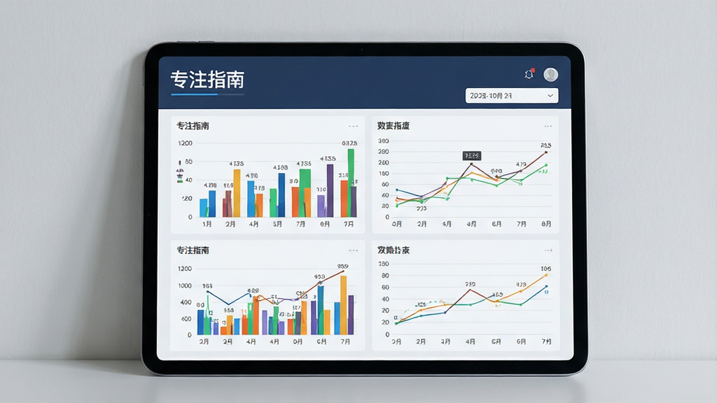主体为平板电脑展示专注指南的数据报告页面,屏幕上有多彩柱状图与折线图,背景为浅灰色墙壁,布局为居中展示,风格商务简洁,细节包括数据标签与日期筛选器,画质锐利干净,无多余元素,图片中文字“专注指南”在页面左上角