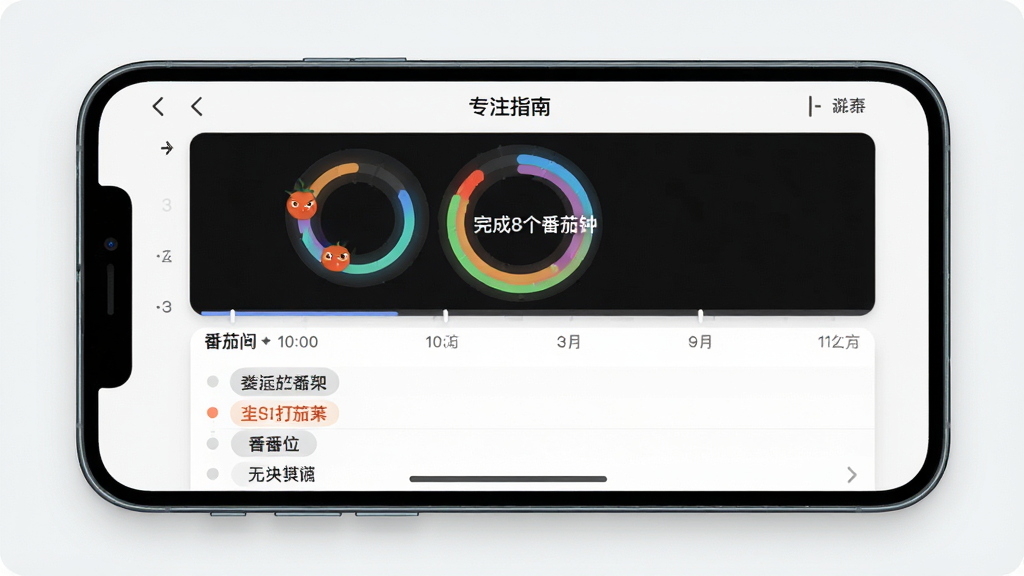 主体为手机横屏展示专注指南的番茄钟统计页面,屏幕上有彩色环形图表与“完成8个番茄钟”字样,布局为上下结构,上方图表下方列表,风格简洁现代,细节包括时间轴与标签分类,画质清晰明亮,干净无杂乱元素,图片中文字“专注指南”出现在界面顶部