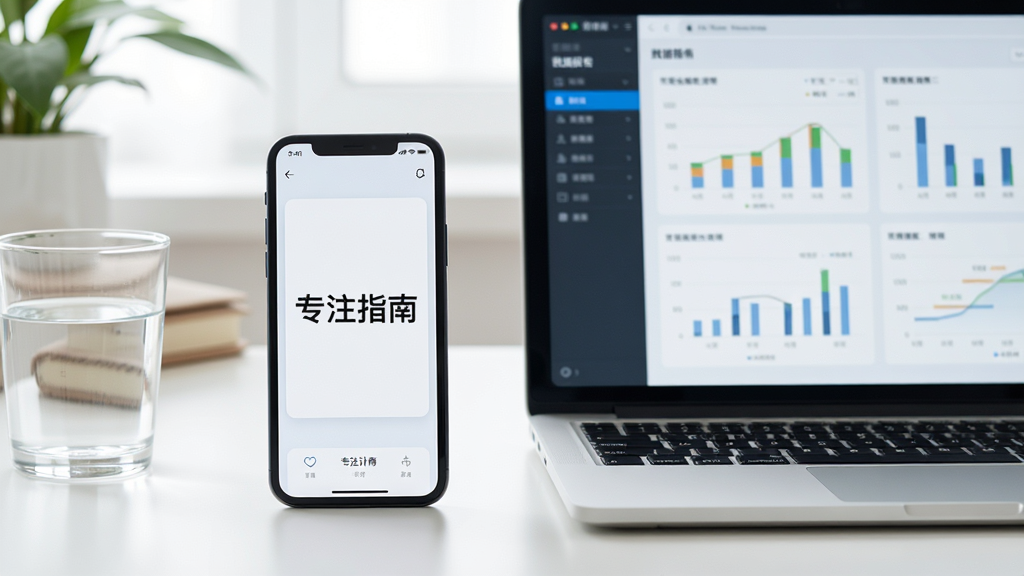 主体为手机与电脑并排摆放,手机屏幕显示专注指南的专注计时页面,电脑屏幕显示数据报告,背景为简洁工作台,布局为左右呼应,风格清新自然,细节包括手机旁边有一杯水,画质干净明亮,无多余元素,图片中文字“专注指南”出现在手机屏幕中央