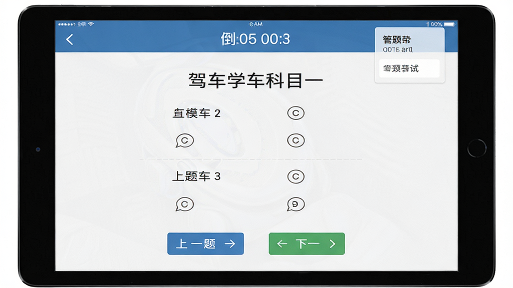 一张平板电脑的俯视图,屏幕上显示「驾车学车科目一」的模拟考试答题界面,顶部有倒计时和答题卡,中间是标准的选择题样式,底部有上一题和下一题的按钮,界面风格与真实驾考系统保持一致,画面清晰,光线均匀,排版整齐,画质干净。