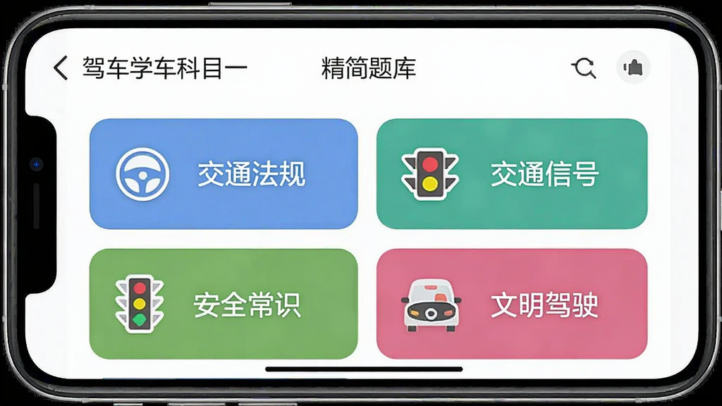 一张手机横屏显示的截图,展示「驾车学车科目一」的“精简题库”页面,屏幕上有多个彩色标签卡片,分别标注“交通法规”、“交通信号”、“安全常识”和“文明驾驶”,每个卡片上都有对应的图标,界面采用卡片式布局,色彩鲜明,整洁有序,画质清晰,无多余杂物。