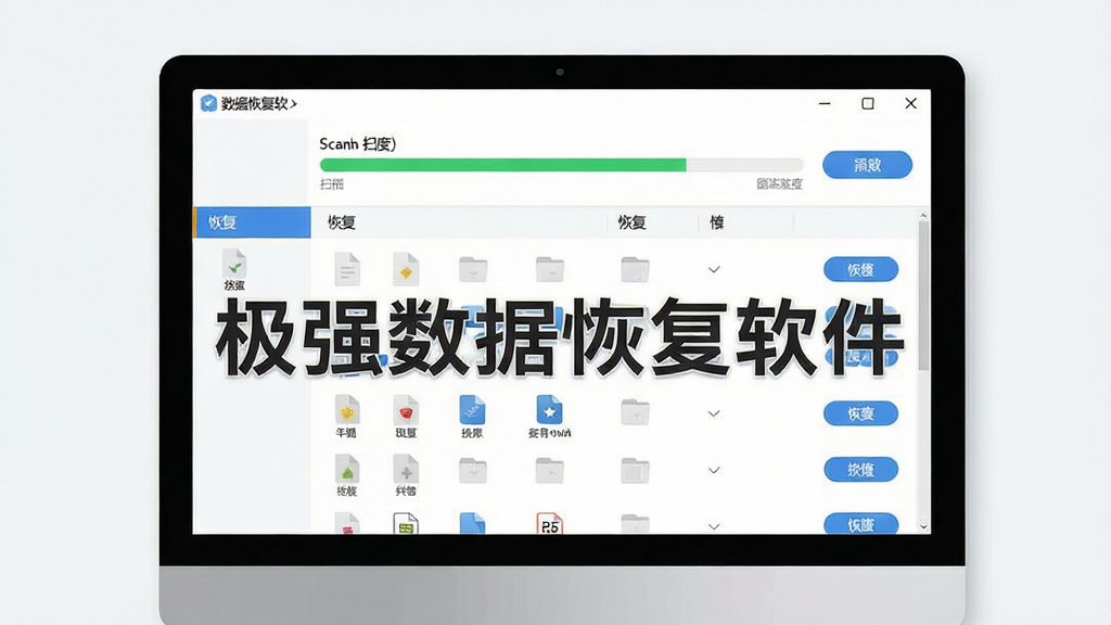 一张现代科技感的数据恢复软件界面截图,主体是电脑屏幕中显示扫描进度条和文件列表,布局为居中构图,排版清爽,风格为扁平化UI设计,细节包含文件类型图标和恢复按钮,画质高清,干净无多余元素,界面文字标注“极强数据恢复软件”