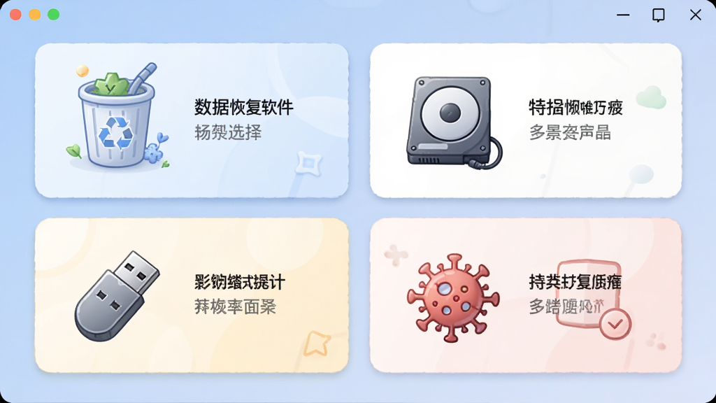 极强数据恢复软件多场景选择界面,主体为四个功能卡片排列,布局为网格状,排版均匀,风格为清新插画风,细节包含回收站、硬盘、U盘、病毒图标,画质柔和,干净无多余元素