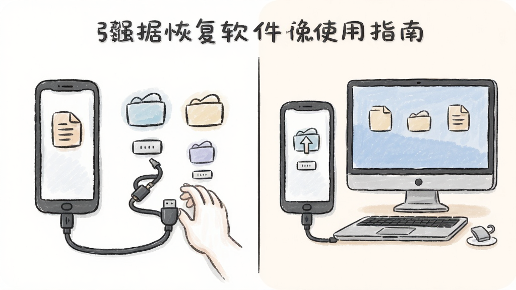 极强数据恢复软件使用指南配图,主体为手机和电脑同步操作示意,布局为左右分屏,排版清晰,风格为手绘插画风,细节包含数据线连接和文件图标,画质柔和,干净无多余元素