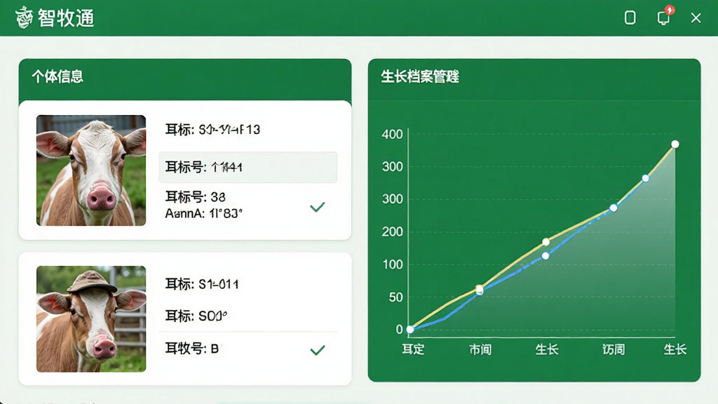 智牧通软件中畜禽档案管理页面截图,显示个体信息卡片,包含照片、耳标号、生长曲线图,布局整齐,信息层级分明,风格简洁专业,绿色调,画质清晰,干净