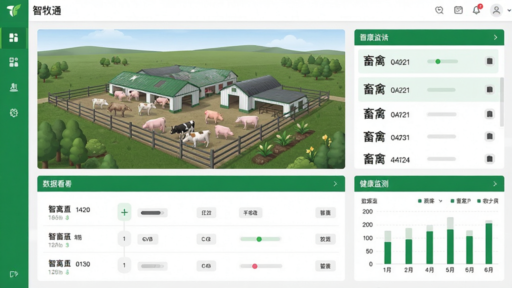 一张展示智牧通软件主界面的高清截图,界面包含养殖场全景图、数据看板、畜禽列表、健康监测图表,布局清晰,现代扁平化设计风格,色彩以绿色和白色为主,突出科技感与农业结合,画质清晰,干净,无多余元素