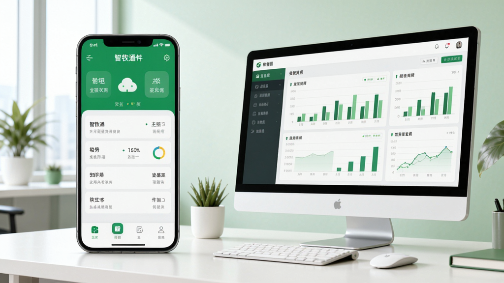 智牧通软件使用指南插图,展示手机端和电脑端同步操作场景,左侧手机显示主界面,右侧电脑显示数据报表,背景简洁,现代办公风格,绿色调,画质清晰,干净
