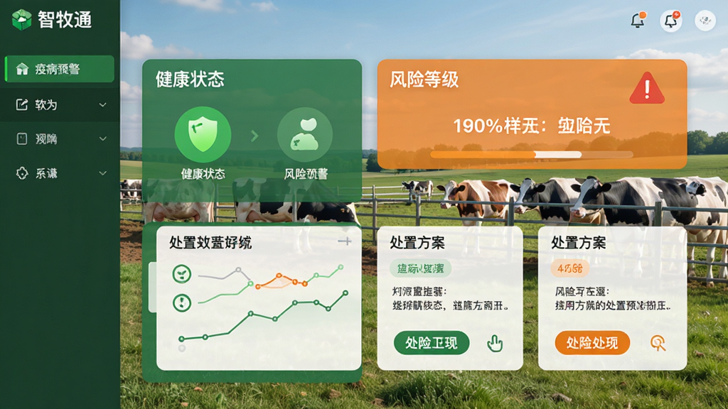智牧通软件疫病预警界面,显示健康状态图标、风险等级提示、处置方案卡片,背景为牧场实景,界面交互友好,风格写实结合UI,绿色和橙色点缀,高清画质,干净无杂物