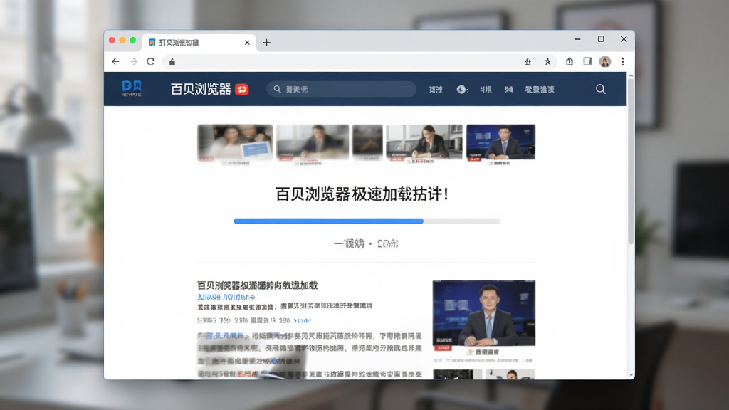 图片展示百贝浏览器极速加载网页的场景,主体为浏览器窗口内一个正在快速加载完成的新闻网页,布局为全屏页面,排版规整,风格写实,细节包括加载进度条和流畅滚动的页面内容,画质清晰,干净无多余元素。