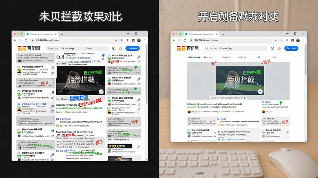 图片展示百贝浏览器广告拦截功能的效果对比,左侧为未开启拦截时满屏广告的网页,右侧为开启后干净清爽的同一网页,主体为两个并排的浏览器窗口,布局左右对称,排版直观,风格对比鲜明,细节包括广告位被标注为已拦截,画质清晰,干净无多余元素。