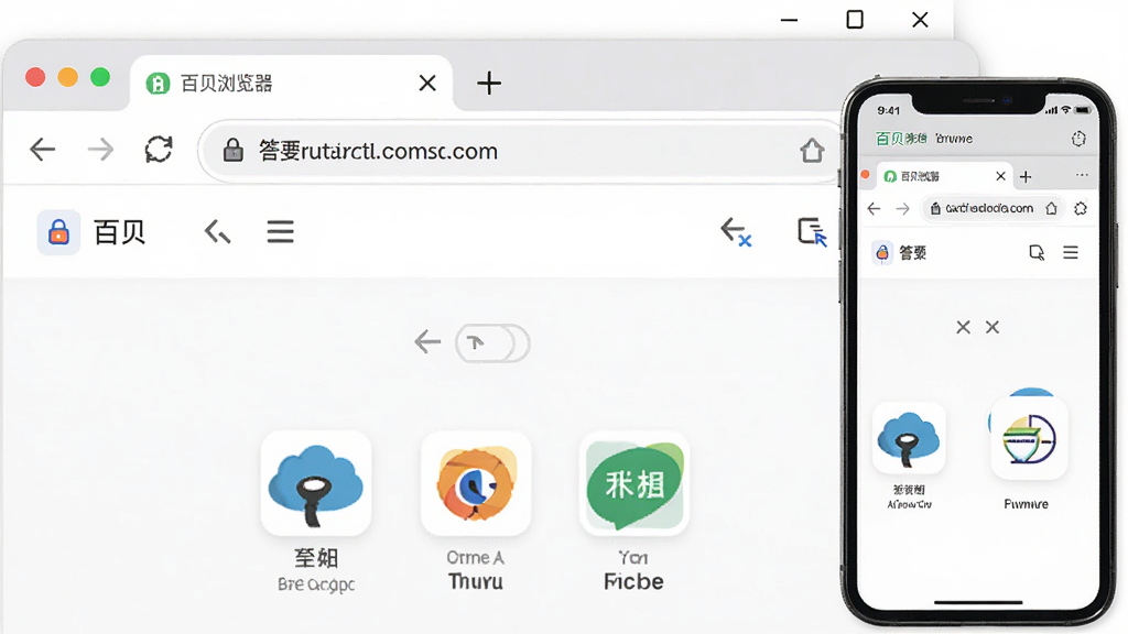 图片展示百贝浏览器在电脑和手机上的界面预览,主体为浏览器主窗口,展示其简洁的标签栏和导航页面,布局清晰,排版现代,风格扁平化,细节包括地址栏的锁形图标和几个常用网站图标,画质高清,干净无多余元素。