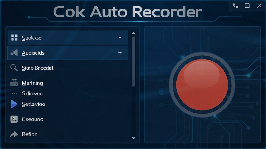 画面中央展示Cok Auto Recorder软件主界面,深蓝色调科技感风格,左侧是音频源选择列表,右侧是醒目的红色录制按钮,界面布局清晰简洁,上方有软件名称“Cok Auto Recorder”字样,整体风格专业且现代化,高分辨率,干净无多余元素