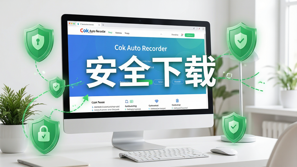 展示Cok Auto Recorder的安全下载场景,画面中电脑屏幕显示软件官网下载页面,周围有绿色安全盾牌图标,背景为干净的办公桌,整体色调明亮清新,突出“安全下载”字样,画质高清晰度,无多余杂物
