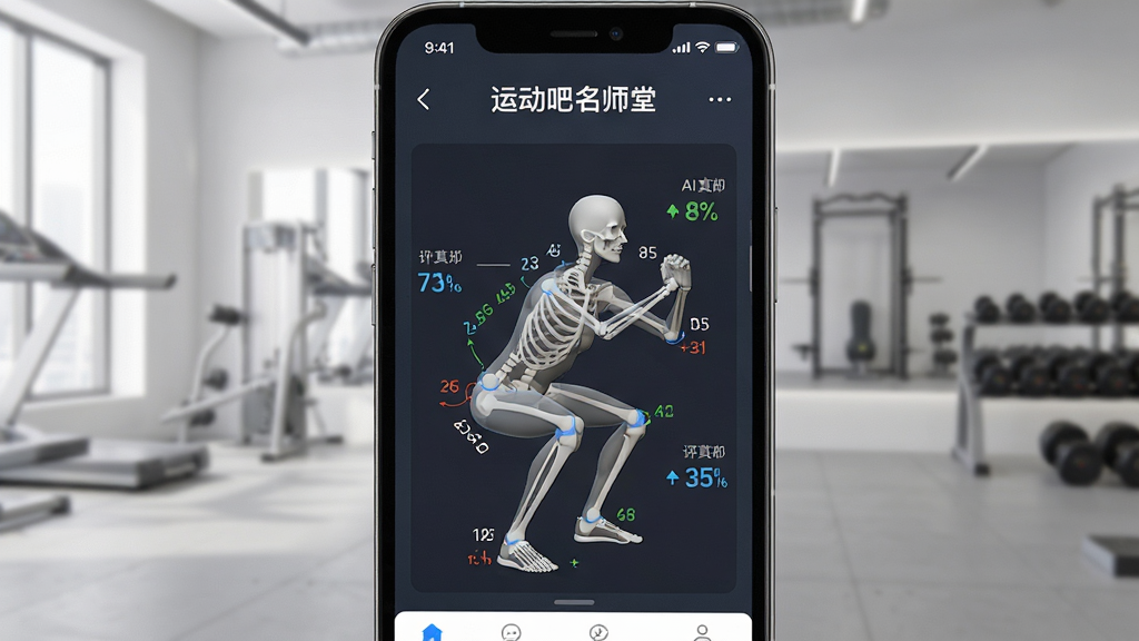 一张智能手机屏幕显示“运动吧名师堂”的AI评分界面,屏幕中有一个正在做深蹲的人物骨架模型,旁边标注着关节角度数据和评分分数,背景是简洁的健身房环境,界面UI清新,数据可视化清晰,画质细腻,干净无杂物