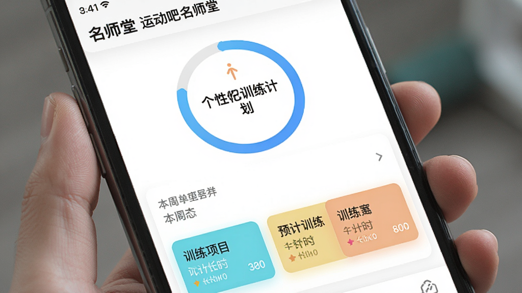 手机截屏显示“运动吧名师堂”的个性化训练计划页面,页面上有一个环形进度图,下方是本周的每日训练任务卡片,每张卡片上标注着训练项目名称和预计时长,整体UI采用卡片式布局,色彩清新,信息层次分明,画质清晰