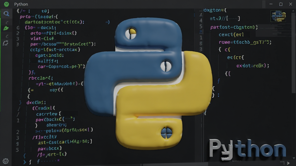 一张展示Python官方标志(两条交织的蓝色与黄色蟒蛇)的3D渲染图,背景为深色代码编辑器界面,周围环绕着简洁的代码字符,整体风格现代、科技感强,画质清晰干净,无多余元素,带有文字“Python”