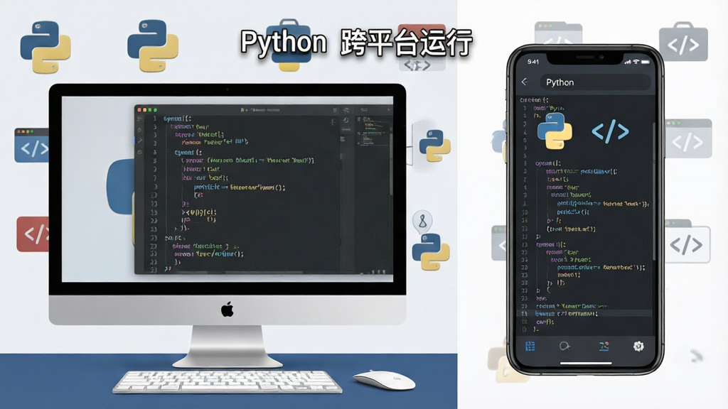 一张展示Python代码在电脑和手机屏幕上运行的对比图,左侧为电脑桌面,右侧为手机屏幕,背景有各种编程相关图标,风格简洁现代,画质清晰,干净无杂物,带有文字“Python 跨平台运行”