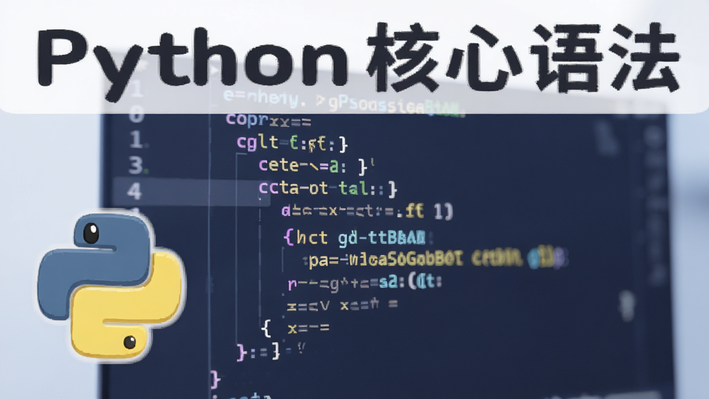 一幅展示Python代码编辑器特写镜头的图片,屏幕上显示使用缩进组织的清晰Python代码,旁边有一个可爱的Python图标,整体色调以蓝黄为主,风格简洁明亮,画质细腻,干净无杂物,带有文字“Python核心语法”
