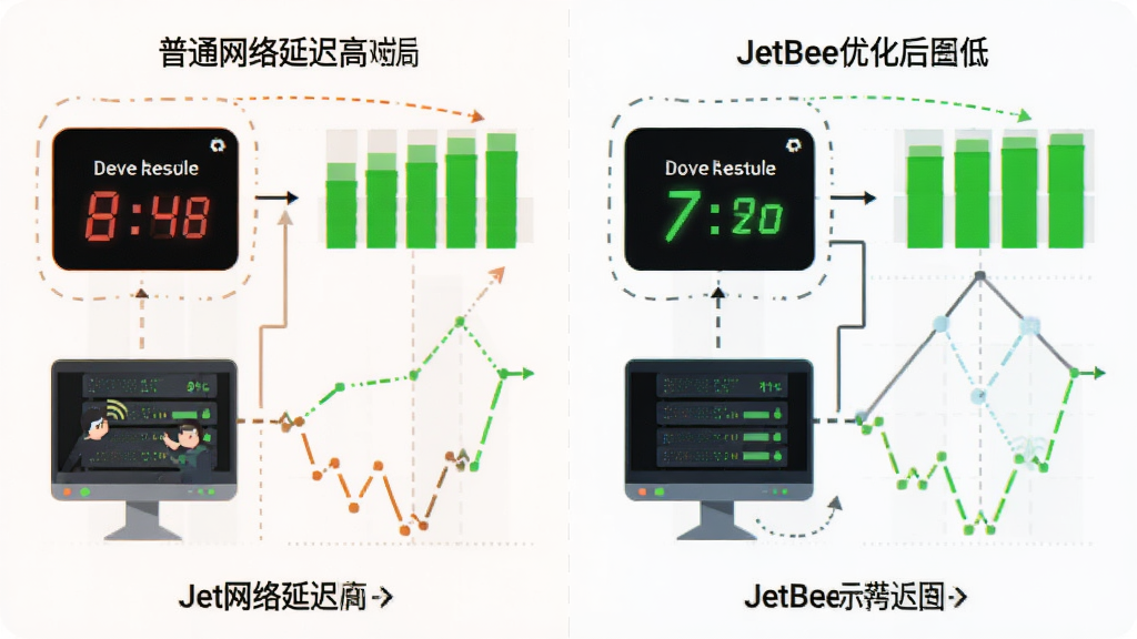 主体:JetBee软件网络优化示意图;布局:左侧普通网络延迟高,右侧JetBee优化后延迟低,对比明显;排版:左右分栏,数据可视化图表;风格:扁平化插画风,色彩鲜明;细节:延迟数字从红色变为绿色,信号图标满格;画质:清晰,干净,无多余元素