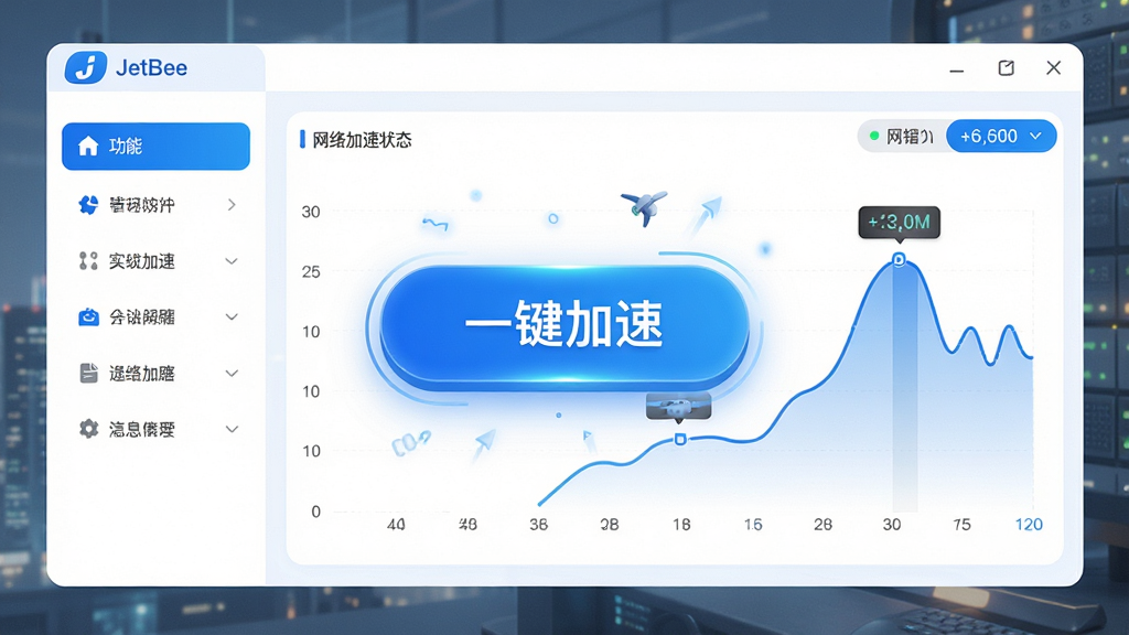 主体:JetBee软件主界面,展示网络加速状态面板;布局:左侧功能列表,右侧实时网速曲线图,中央大按钮“一键加速”;排版:清晰简洁,信息层级分明;风格:现代科技感,蓝白配色,圆角卡片设计;细节:网速数据实时跳动,按钮带有发光效果;画质:高清,干净,无多余元素