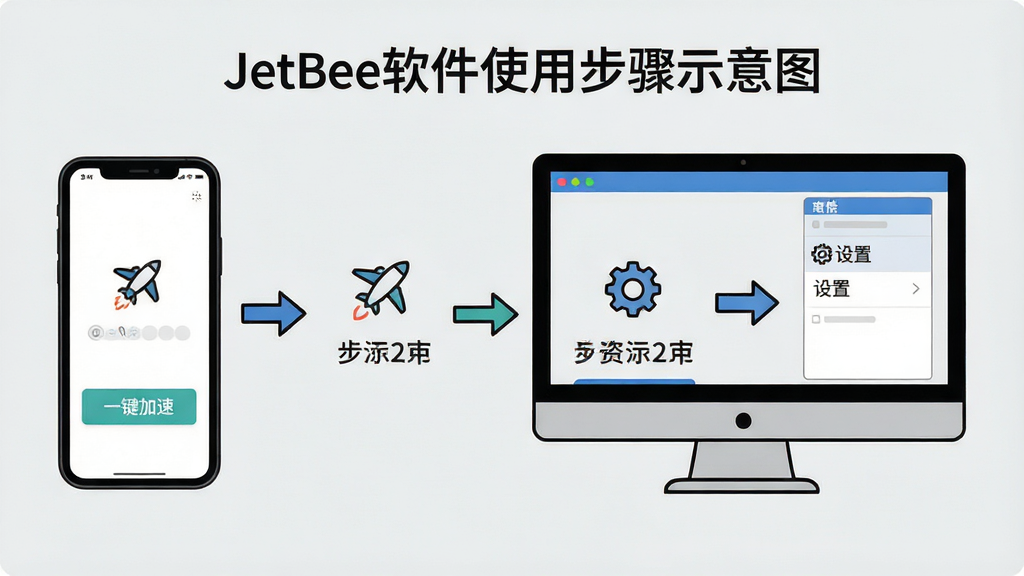 主体:JetBee软件使用步骤示意图;布局:手机与电脑并排,步骤1-2-3用箭头连接;排版:分步图示,每步配有小图标;风格:扁平化线条风,浅灰背景;细节:手机端显示“一键加速”按钮,电脑端显示“设置”选项;画质:高清,干净,无多余元素