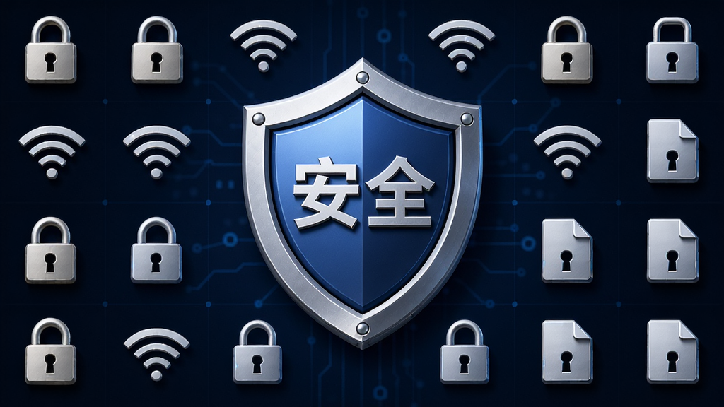 主体:JetBee软件安全防护盾牌图标;布局:盾牌位于中心,周围环绕加密锁、Wi-Fi信号、隐私文件等小图标;排版:对称构图,图标整齐排列;风格:3D渲染,金属质感;细节:盾牌上有“安全”字样,背景为深蓝色科技网格;画质:高清,干净,无多余元素