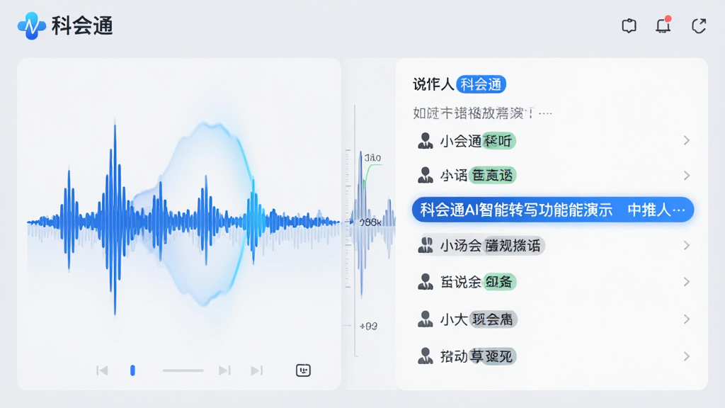 主体:科会通AI智能转写功能演示,界面展示一段带说话人标签的对话文本,旁边有音频波形。布局:左侧为波形图,右侧为文本列表,背景为淡灰色。排版:屏幕上显示“科会通”标识,文本行清晰可读,说话人名字用不同颜色标注。风格:科技感UI设计,蓝色与白色为主色调,简洁专业。细节:波形图动态效果,文本高亮显示,图标精致。画质:高清,干净,无多余元素。