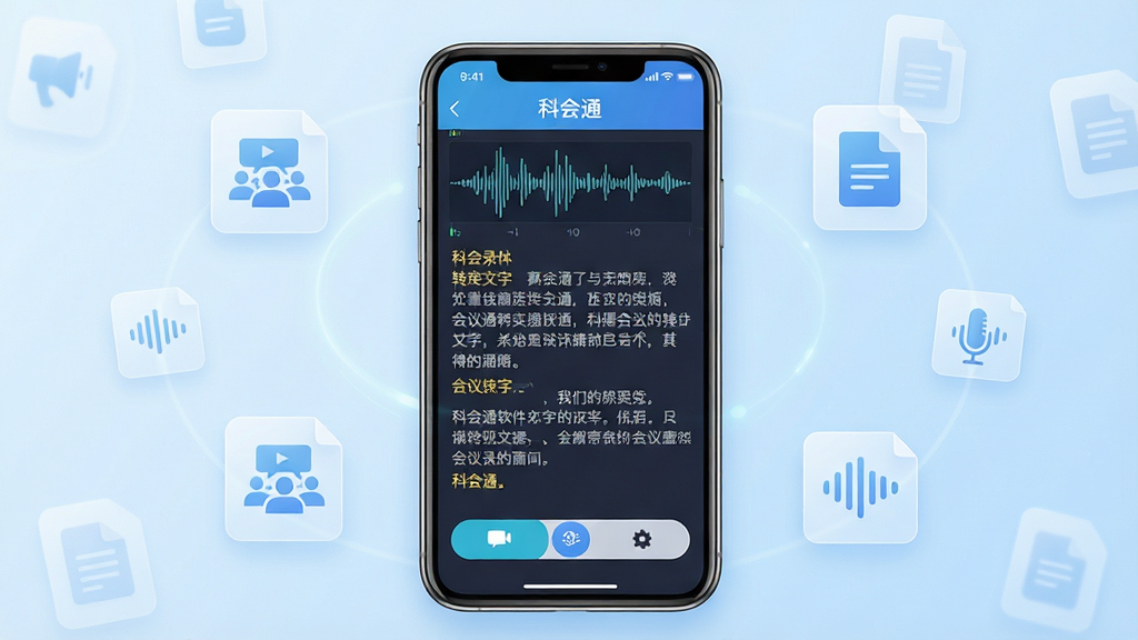 主体:科会通软件主界面展示,一部智能手机屏幕显示会议录音转文字的实时界面,界面中有波形图与文字段落。布局:手机居中,背景为干净的浅蓝色渐变,周围有半透明的会议图标、文档图标、语音波形图标环绕。排版:手机屏幕内的界面清晰可见,上方为“科会通”字样,中间为转写文字,下方为功能按钮。风格:现代扁平化设计,色彩清新明快,突出科技感与专业感。细节:文字清晰,图标精致,光线柔和。画质:高清渲染,干净,无多余元素。