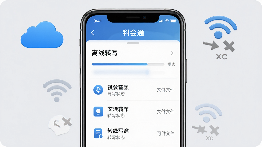 主体:科会通离线转写功能示意,手机界面显示“离线转写”模式,有下载进度条与文件列表。布局:手机屏幕居中,背景为浅灰色,周围有云朵与WiFi断开的图标。排版:屏幕上有“科会通”字样,列表显示音频文件与转写状态。风格:简洁商务风,蓝色与灰色搭配,体现可靠感。细节:进度条清晰,图标直观,文字明确。画质:高清渲染,干净,无多余元素。