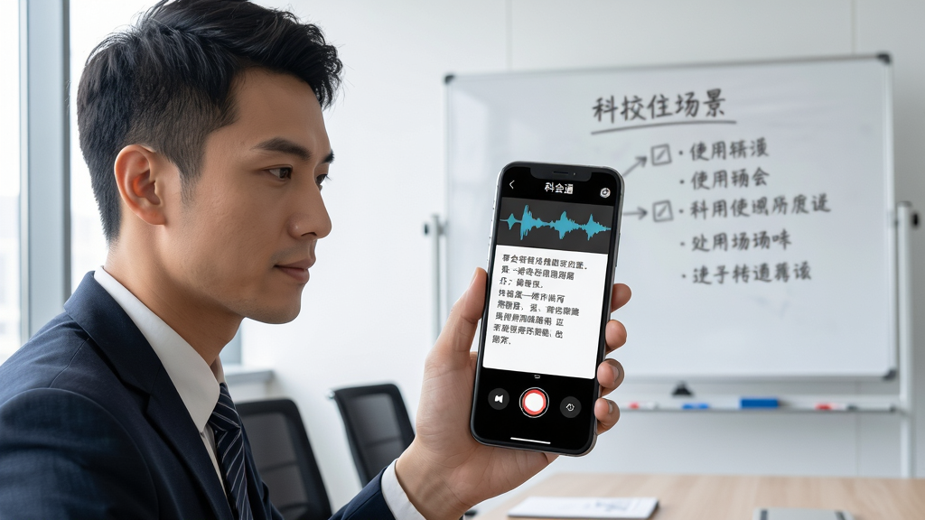 主体:科会通使用场景图,一个人正在会议室使用手机录音,手机屏幕显示转写文字。布局:人物位于画面左侧,手机位于中央,背景为会议室白板。排版:画面清晰,人物动作自然,手机界面可见“科会通”字样。风格:写实摄影风格,自然光线,商务氛围。细节:人物表情专注,白板上有会议要点,手机界面显示波形与文字。画质:高清,干净,无多余元素。