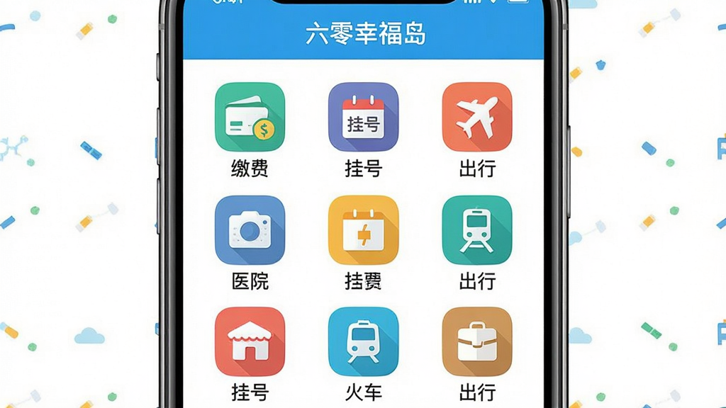 ���壺�������Ҹ�����APP���������ҳ�棬չʾˮ��ú�ɷѡ�ҽԺ�Һš���ƱԤ����ͼ�ꡣ���֣��ֻ�������ͼռ���壬ͼ���������룬ÿ���������Ű棺ͼ���·������ı�ǩ��������������񣺱�ƽ��UI��Ʒ��ɫ�����졣ϸ�ڣ�ͼ����Ƽ�࣬�С��ɷѡ������Һš��������С����������ʣ����壬�ɾ����޶���Ԫ�ء�