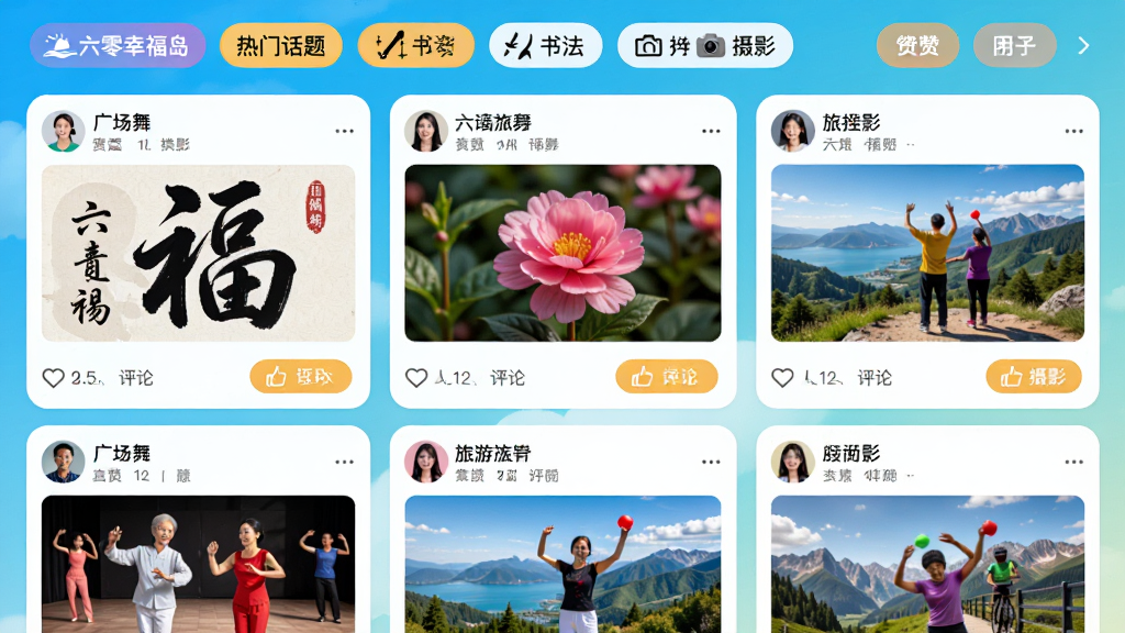 ���壺�������Ҹ�����APP�罻�㳡ҳ�棬չʾ�û��������鷨�����ܡ�������Ƭ��̬�����֣��ٲ�����ʽչʾ�����������Ż����ǩ���Ű棺��Ƭʽ��ƣ�ͼƬ�������������۰�ť��������񣺻����������������ɫ�����ޡ�ϸ�ڣ��С��㳡�衱�����鷨��������Ӱ����Ȧ����ڡ����ʣ����壬�ɾ����޶���Ԫ�ء�