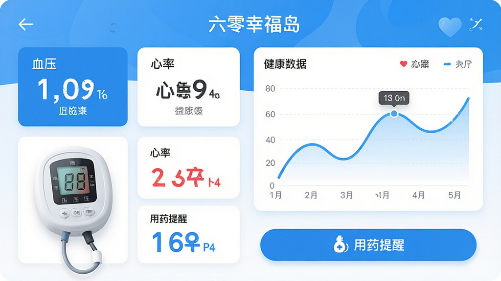 ���壺�������Ҹ�����APP�����������ܽ��棬��ʾѪѹ�ƺͽ�����������ͼ�����֣�����ǽ������ݿ�Ƭ���Ҳ�������ͼ���ײ�����ҩ���Ѱ�ť���Ű棺�����ô��������ʾ��ͼ������������������¼�Լ��ҽ�ƽ��������ɫ������ϸ�ڣ������С�Ѫѹ���������ʡ�������ҩ���ѡ������������ʣ����壬�ɾ����޶���Ԫ�ء�