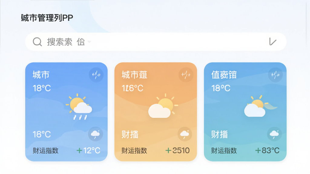 �ֻ�Ӧ�ý������ͼ��չʾ������������APP�ĳ��й����б�������Ϊ���������·�������ʾ������ͬ���е�������Ƭ��ÿ�ſ�Ƭ���г������ơ��¶ȡ�����ͼ��Ͳ���ָ�����������ƽ����ɫ����ͣ��Ű����룬�����������޶���Ԫ��