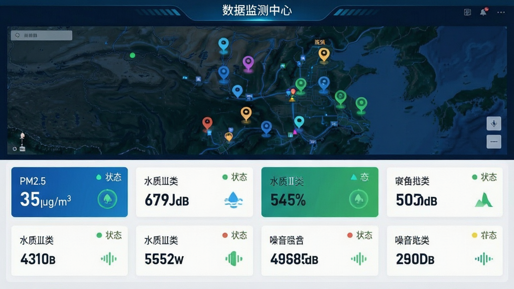 主体:智慧生态运管软件的“数据监测中心”界面,展示多维度环境数据卡片。布局:上下结构,上方为地图,下方为数据卡片列表。排版:卡片式布局,每个卡片显示指标名称、当前数值和状态图标。风格:科技蓝与生态绿结合,信息层级分明。细节:卡片上标注“PM2.5 35μg/m”、“水质Ⅱ类”、“噪声55dB”等字样,地图上有彩色标记点。画质:细腻清晰,界面整洁,无多余元素。