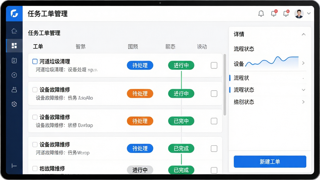 主体:智慧生态运管软件的“任务工单管理”界面,展示工单列表与流程状态。布局:左侧为工单列表,右侧为详情面板。排版:列表清晰,状态标签醒目。风格:简约商务风,以白色为底,蓝色点缀。细节:工单标题如“河道垃圾清理”、“设备故障维修”,状态有“待处理”、“进行中”、“已完成”,底部有“新建工单”按钮。画质:高分辨率,界面干净,无多余元素。