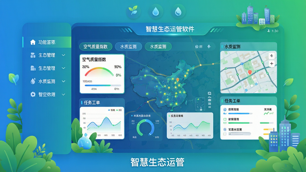 主体:智慧生态运管软件界面展示,中央为动态生态数据仪表盘,周围环绕绿色植被与城市建筑图标。布局:采用左右分栏,左侧功能导航,右侧主内容区显示实时地图与数据图表。排版:简洁明快,图标圆润,文字清晰。风格:现代扁平化设计,以蓝绿渐变色为主调,融合科技感与自然元素。细节:界面包含“空气质量指数”、“水质监测”、“任务工单”等标签,底部有“智慧生态运管”字样。画质:高清渲染,色彩饱和,干净无多余元素。