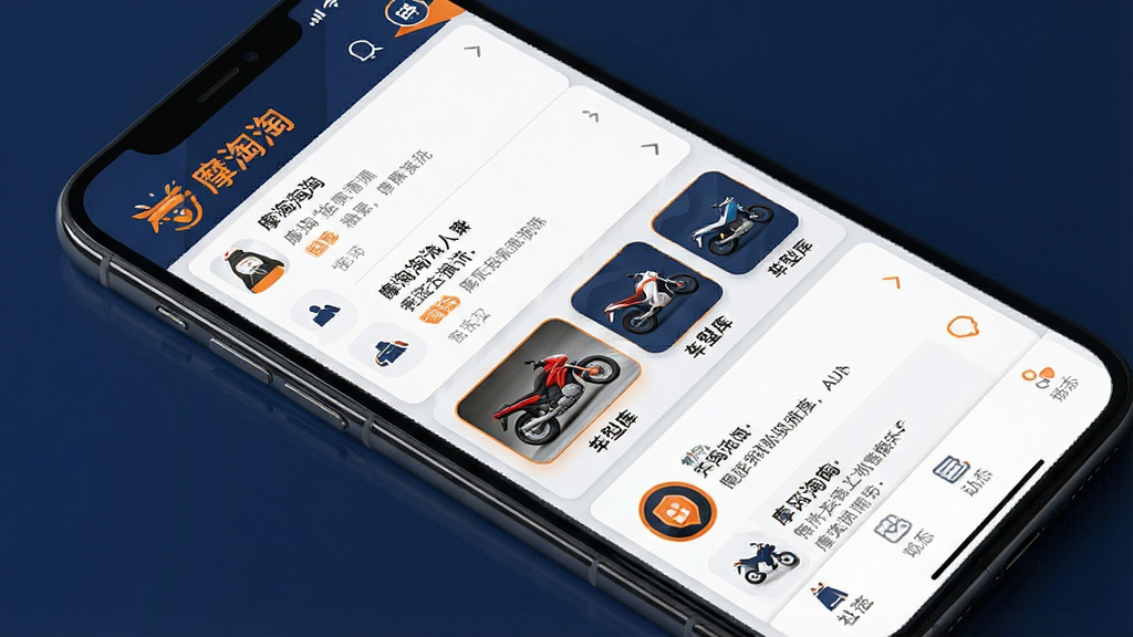 一张展示摩淘淘APP主界面的高清截图,主体为智能手机,屏幕内显示摩托车资讯列表、车型库图标和社区动态,布局清晰,风格现代简约,配色以深蓝和橙色为主,画质清晰,干净无多余元素,文字标注“摩淘淘”字样