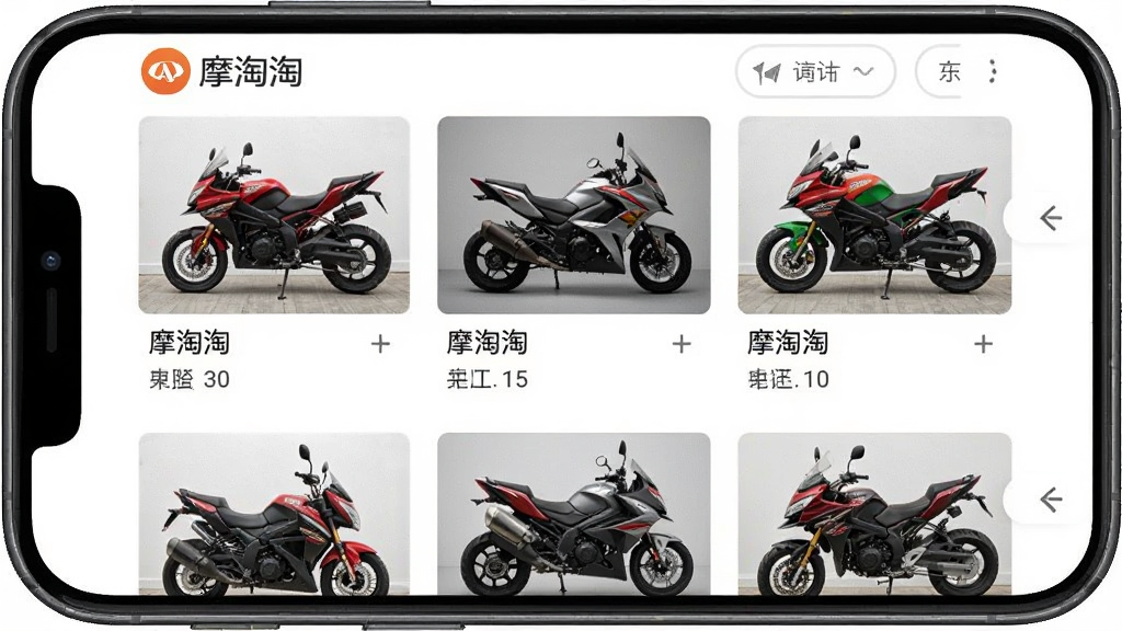一张摩淘淘APP车型库页面的屏幕截图,主体为手机界面,显示摩托车列表和筛选条件,布局整齐,风格简洁,品牌logo和车型图片清晰可见,画质高,干净无多余元素,文字标注“摩淘淘”