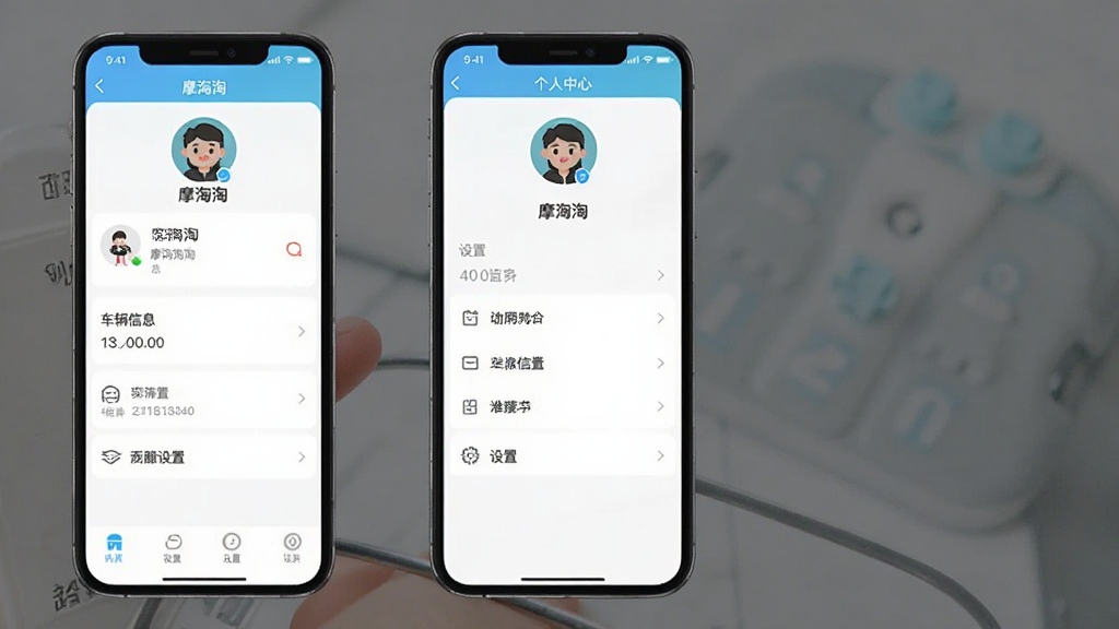 一张摩淘淘APP个人中心界面的屏幕截图,主体为手机屏幕,显示用户头像、车辆信息、设置选项,布局整洁,风格清爽,画质清晰,干净无多余元素,文字标注“摩淘淘”