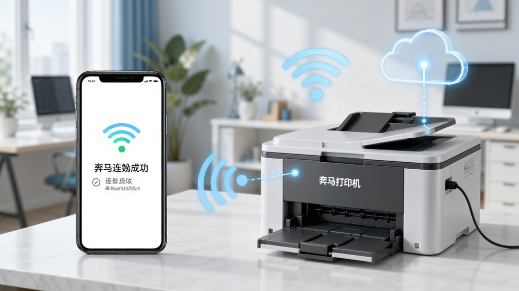 一台打印机与手机通过无线信号连接的概念图,背景为现代家居办公室,手机屏幕显示奔马打印机连接成功提示,画面中有Wi-Fi图标和云朵元素,风格简约科技感,颜色明亮,画质清晰,无多余元素,包含“奔马打印机”字样