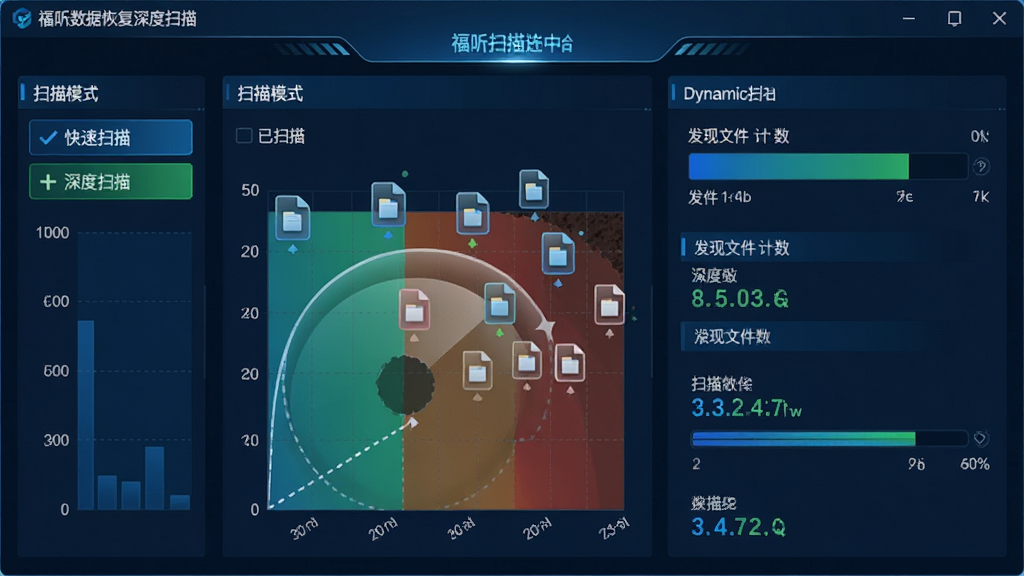 主体:福昕数据恢复深度扫描进行中的界面,展示磁盘扇区扫描可视化图表。布局:左侧为扫描模式选项(快速扫描/深度扫描),右侧为动态扫描进度与发现文件计数。排版:数据可视化图表清晰,色彩区分已扫描与未扫描区域。风格:高科技感,蓝色与绿色为主色调。细节:扫描过程中不断有文件图标浮现。画质:高清,干净,无多余元素。
